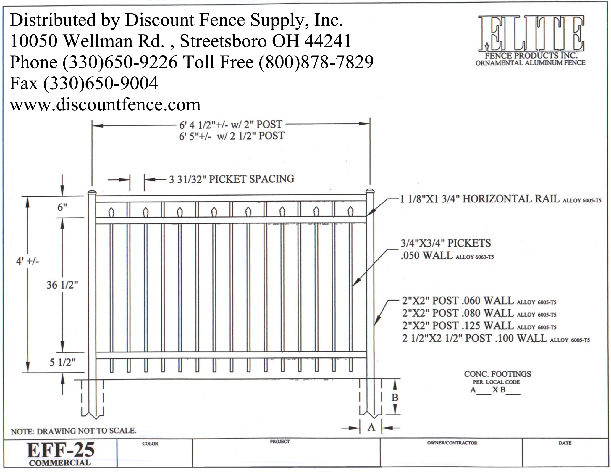 Discount Elite Aluminum Fence EFF-25 4ft Drawings